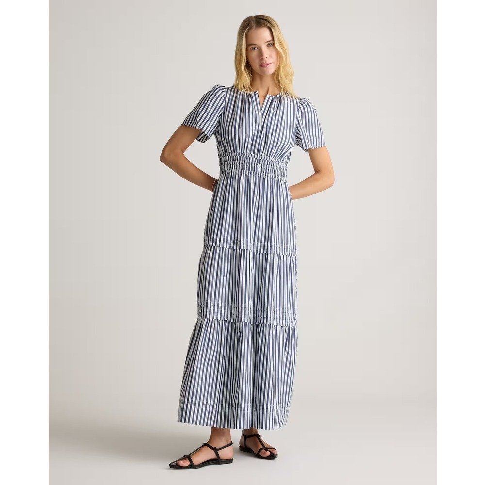 Quince Organic Cotton Poplin Tiered Maxi Dress Hudson Stripe Smocked V-Neck S